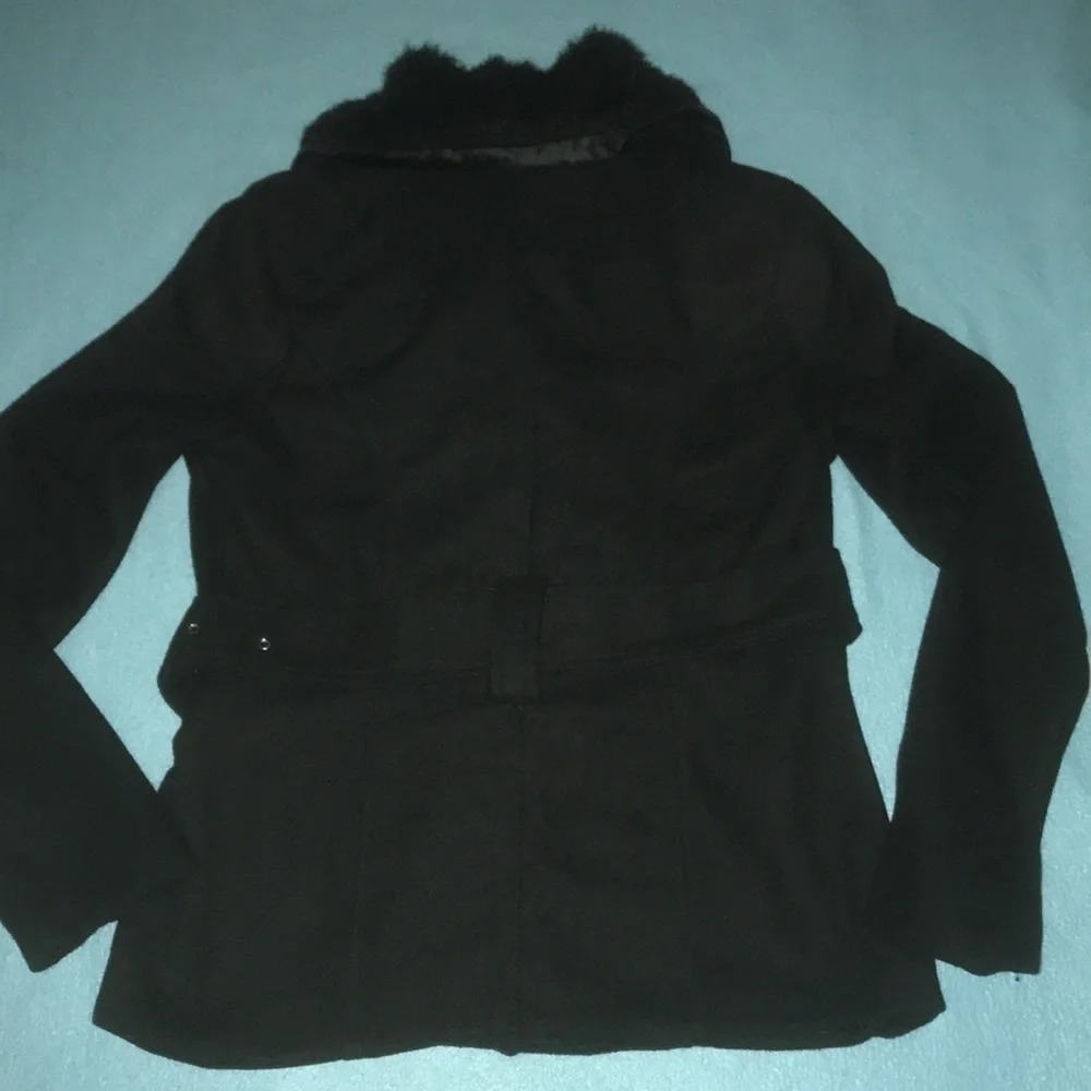 NEW LOOK wool double breasted, belted, removable faux fur collar black size S - Picture 2 of 9